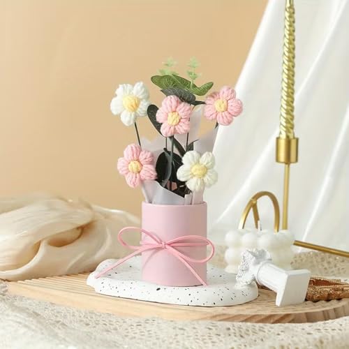 Image of TIED RIBBONS Artificial Crochet Flowers Bouquet (Pink, 7.9 Inch x 2.6 Inch) - Handmade Knitted Floral Arrangement with Decorative Leaves | Tabletop Home Decor, Desk, Valentine Day Gift for Girlfriend