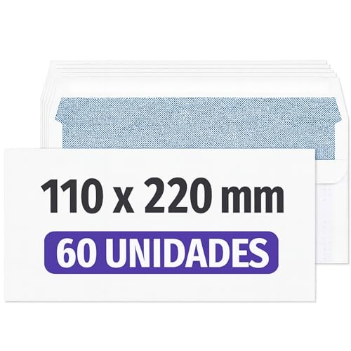 Sobre Americano, sobres DL, sobres de Papel Blancos para Cartas y Documentos, 80 g/m² con Cierre Autoadhesivo, Solapa rasgable, Diseño sin ventana, Tamaño 110 x 220 mm, 60 unidades