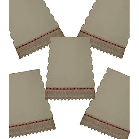 GiftsScotland.com Pack of 5 Cream Scalloped Edge Chair Back Covers Beige Schiffli Lace Edge Red Ribbon Insert Antimacassar 008 Cover