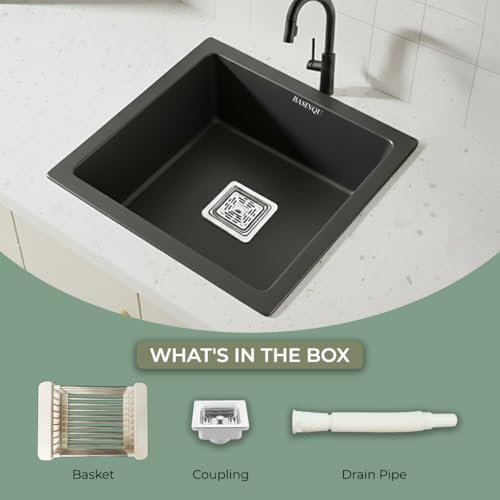 Image of BASINQU Quartz Sink for Kitchen | 18x16x9 Inches Black Single Bowl Kitchen Sink | Granite UV Protected, Granite Scratch Resistant, Undermount /Topmount