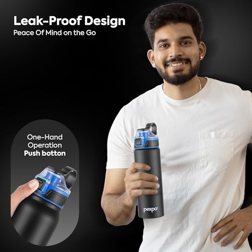 Image of Go24 pexpo Arctic 900 ISI Certified Stainless Steel Fridge /Sipper Water Bottle - 800ml | Flip Top Cap | Single Wall | For Gym, School, Trekking, Sports | for Men, Women and Kids -Knight Black