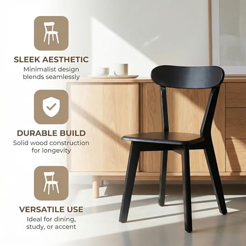 Image of HNY Farmhouse Solid Wood Dining Chairs Set of 4, Mid Century Modern Armless Kitchen & Dining Room Chairs with Curved Back, 300 LBS Capacity, Black for Home, Apartment