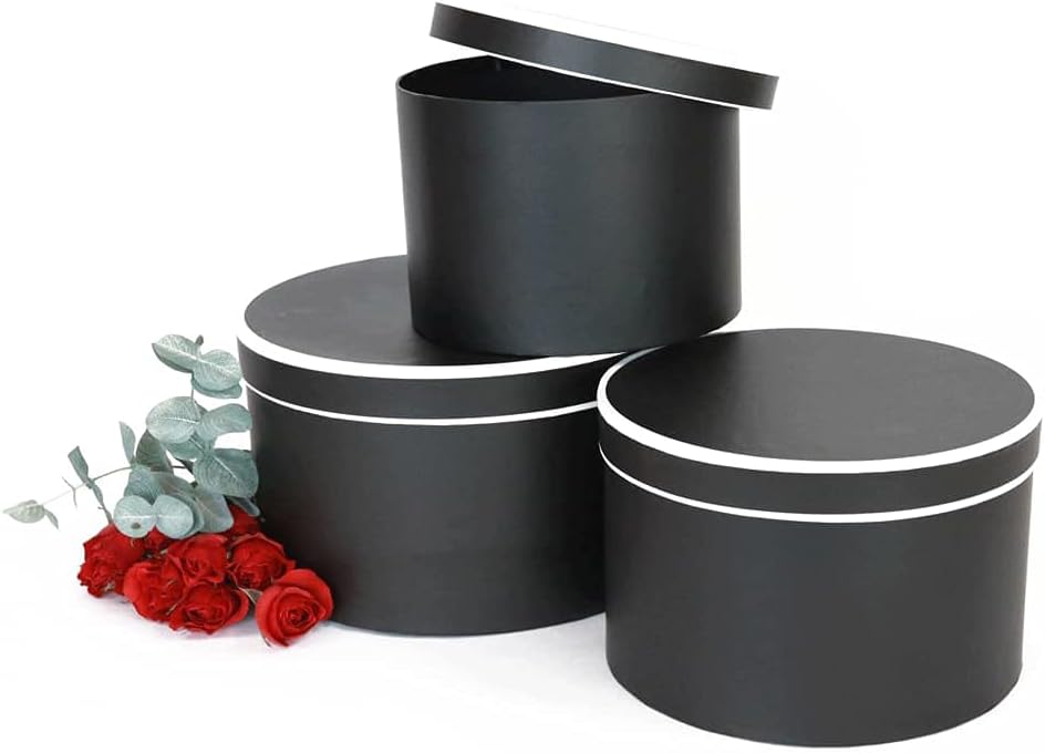 UNIKPACKAGING Premium Quality Round Flower Box, Gift Boxes for Luxury Flower and Gift Arrangements, Set of 3 pcs (L/M/S) (Black with White Rim)