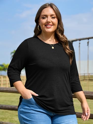 ZDC Women's Plus Size Tops 3/4 Sleeve Crew Neck T Shirts Loose Fit Tee Tunic Casual Blouse2