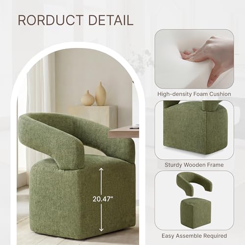 Image of KISLOT Upholstered Dining Chairs Set of 4, Modern Arm Kitchen & Dining Room Chairs with Hidden Casters, Linen Fabric Padded Rolling Chairs, Sturdy Wood Frame, 300 lbs Capacity, Moss Green