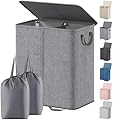 Lifewit Double Laundry Hamper with Lid and Removable Laundry Bags, Large Collapsible 2 Dividers Dirty Clothes Basket with Handles for Bedroom, Laundry Room, Closet, Bathroom, College, 136L Grey