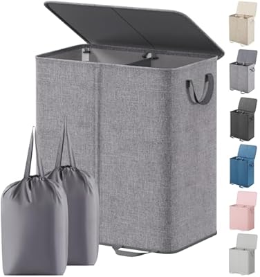 Lifewit Double Laundry Hamper with Lid and Removable Laundry Bags, Large Collapsible 2 Dividers Dirty Clothes Basket with Handles for Bedroom, Laundry Room, Closet, Bathroom, College, 136L Grey