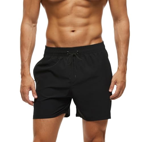 Bañador Hombre Secado Rápido Traje de Baño Hombre Bolsillo Cremallera Bañadores Short de Playa Surf Piscina Natación Impermeable Pantalones Cortos Forro Malla y Cordón L Negro
