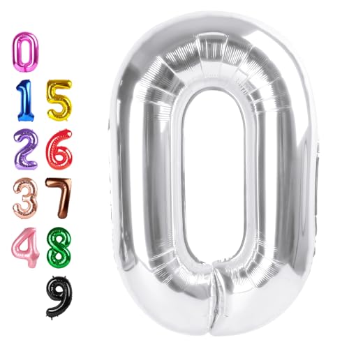 Image of 0 Balloon 40 inch Silver Number Balloons for 10th Birthday Party Decoration | Saturated Color, Large 40 in, With Straw & Hanging Hole, For Graduation Season, Thanksgiving, Anniversary, Christmas