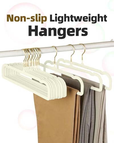 Image of 20 Pack Velvet Pants Hangers for Closet Space Saving, Thin Hanger(White) | Heavy Duty Flocked Trouser Hangers,Strong, Durable, Clothes Hanger with Golden Swivel Hook, Jean Hangers for Women and Men