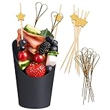 HXYCNNA [50 Cups + 200 Picks] Charcuterie Cups with Cocktail Picks, French Fry Cups, French Fries Holder, Disposable Cardboard Paper Appetizer Cups, Wedding Snack Cup (14oz, Black)