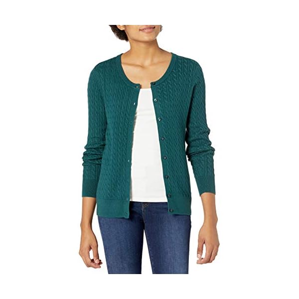 Amazon-Essentials-Womens-Lightweight-Cable-Long-sleeve-Crewneck-Cardigan-Sweater Amazon Essentials Women's Lightweight Cable Long-Sleeve Crewneck Cardigan Sweater, Forest Green, Medium