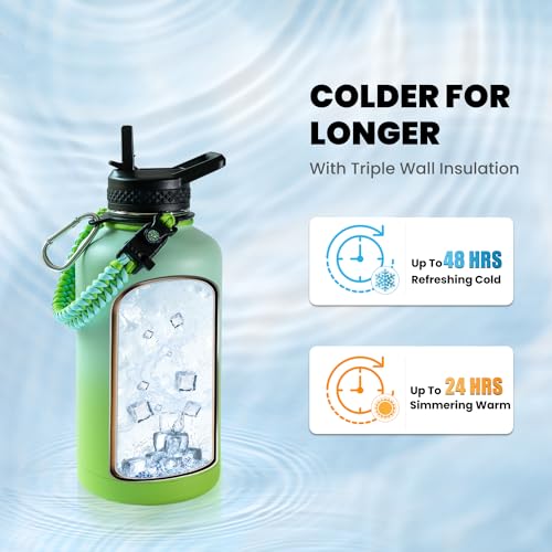 Image of RAYMYLO Insulated Water Bottle 64 oz, Triple Wall Vacuum Stainless Steel (Cold for 48 Hrs), Leak Proof & Non-BPA, Half Gallon Water Flask Jug with Paracord Handle & Straw Spout Lids