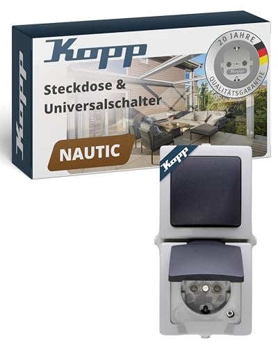 Kopp NAUTIC Wechselschalter-Steckdosen-Kombination in Grau - Sichere Aufputz-Steckdose mit Deckel & erhöhtem Berührungsschutz - Senkrechter IP44 Feuchtraum-Aufputz-Schalter mit Steckdose 16A / 250V~