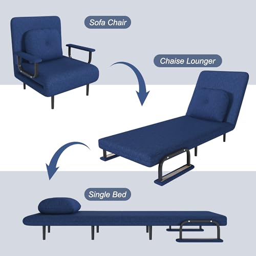 Image of Montary Space - Saving Convertible Folding Sofa Bed: Adjustable Backrest with Pillow, Comfortable Single Sleeper for Living Room, Bedroom & Office (Blue)