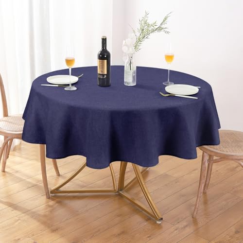 Image of AUSSPVOCT Textured Round Tablecloth 60 Inch for Birthday Party Home Decor | Navy Blue Waterproof Spill-Proof Wipeable Table Cloth Wrinkle Free Circle Dining Tables Cover