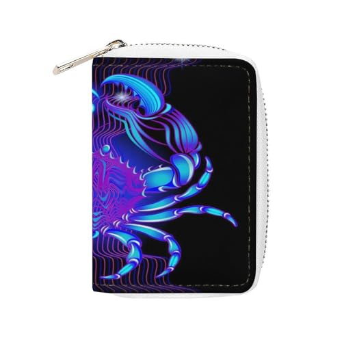 Women Leather Coin wallet, Key Change Organizer Zipper Card Holder Purse Clutch Pouch Pocket 4.5x3.15 in Print Bright Blue Neon Signs of the Zodiac Cancer on Dark