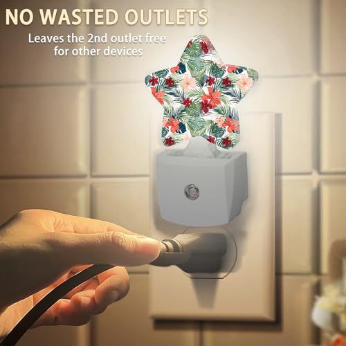 Image of Tropical Plants Hibiscus Flowers Night Light Plug-in Dusk to Dawn Smart Sensor White Led Nightlight for Bedroom Bathroom Kitchen Hallway Stairs Energy Efficient Decor Desk Lamp