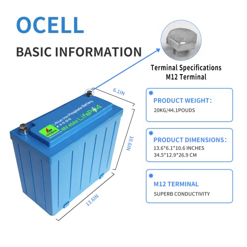 Ocell 48V 40Ah Lifepo4 Battery With 58.4V 5A Dedicated Lithium Battery Charger; Built-In 80A Bms, 4000+ Cycles, 10+ Years Lifetime,For Golf Cart 4096W Power, Ebike, Rvs, Off-Grid Applications #TOP1