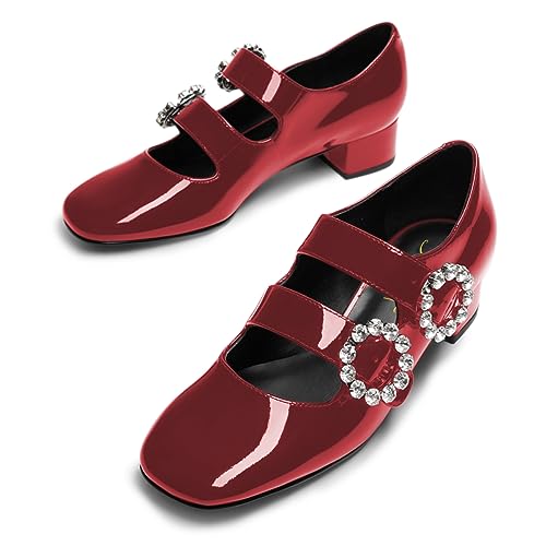 FOWT Women Square Toe Mary Janes Low Chunky Heel Double Strap Pumps Rhinestone Studded Buckle Cute Party Ballroom Evening Shoe Size 4-16 US2