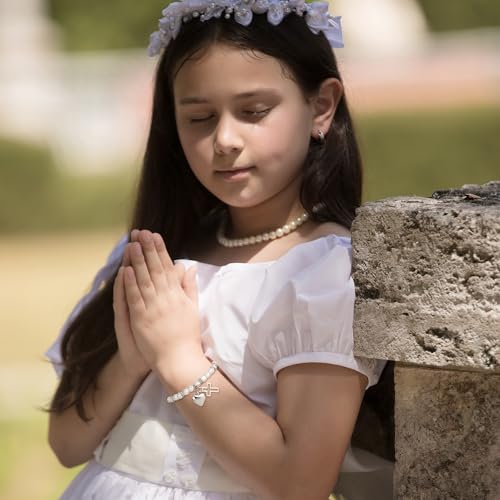 First Communion Gifts for Girls - 14K Whited Gold Plated Cross Heart Bracelet First Baptism Communion Communion Bracelet Gifts for Teen Girls3