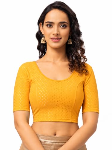 Image of Fressia Fabrics Pure Cotton 4-Way Stretch Readymade Blouse for Women | Free Size to 4XL Stretchable Round Neck Dobby Cotton Half Sleeve Readymade Saree Blouse for Women Stylish