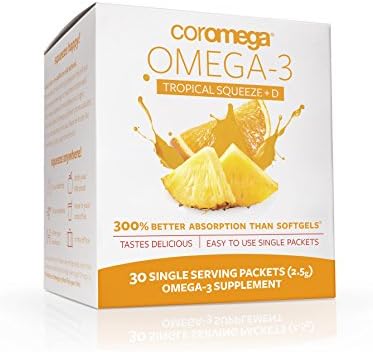 Coromega Omega 3 Fish Oil Supplement with Additional Vitamin D3, 650mg of Omega-3s with 3X Better Absorption Than Softgels, Tropical Orange Flavor, 30 Single Serve Squeeze Packets