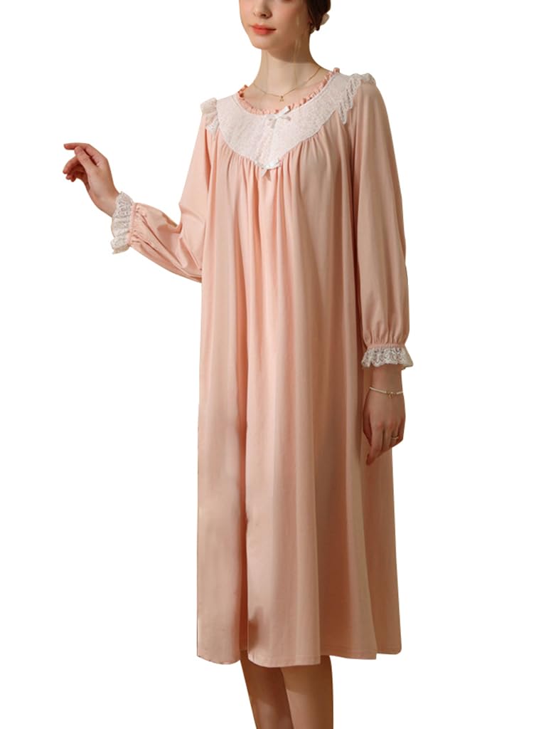 Long Nightgowns for Women Soft Cotton Vintage Lace Ruffle Long Sleeve Sleep Dress