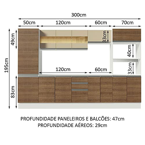 Cozinha Completa 100% MDF Madesa Smart 300 cm Modulada Com Armário e Balcão - Branco/Rustic/Crema