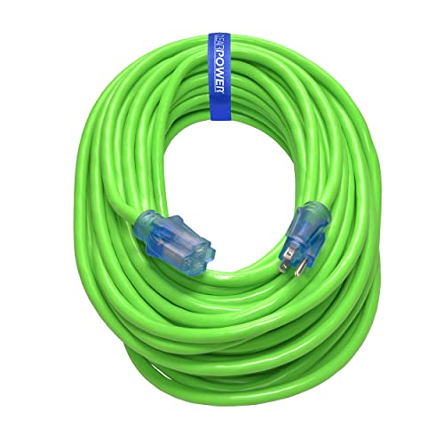 Clear Power 100 ft 12/3 SJTW Heavy Duty Extreme Cold Weather Outdoor Extension Cord -50°C, Lighted Connector, Water, Weather & Kink Resistant, Flame Retardant, Green, 3 Prong Grounded Plug, CP10102