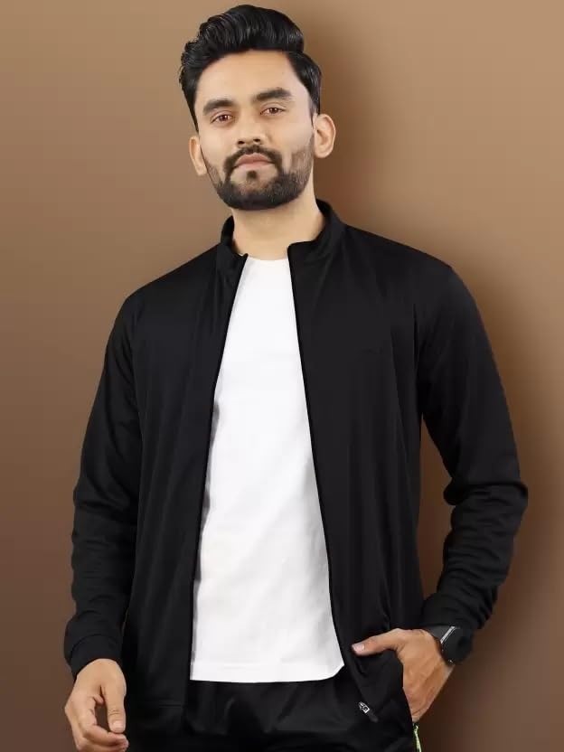 FIBREZA Men Stylish Track Jacket Solid Lycra Sports wear jacket Long Sleeves Full Zip with Pocket Gym, Running (IN, Alpha, M, Black) 1