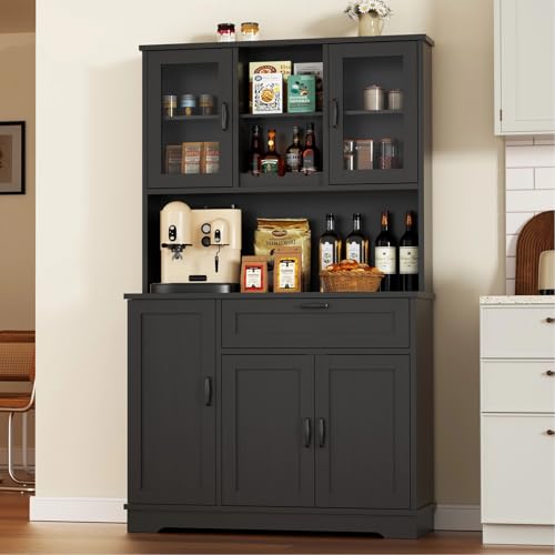 Image of Vongrasig Tall Pantry Cabinet, Kitchen Storage Cabinet with Display Door,Farmhouse Kitchen Hutch with Adjustable Shelves for Dining Room, Black