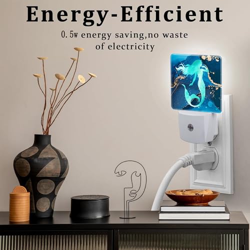 Image of Watercolor Turquoise Mermaid Night Light for Kids,Navy Blue Golden Marble Night Light Plug in with Dusk to Dawn Sensor,0.5w Energy Saving Nightlight for Hallway Stairway Kitchen Bedroom