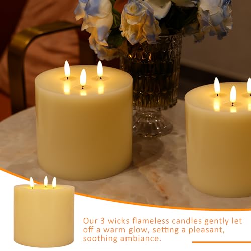 Image of Extra Large Flameless Candles, 6 inchx6 inch Real Wax Battery Operated Candles with Remote and Timer, Flickering LED Pillar Candles with 3 Wicks for Home, Wedding, Party, Holiday, Ivory