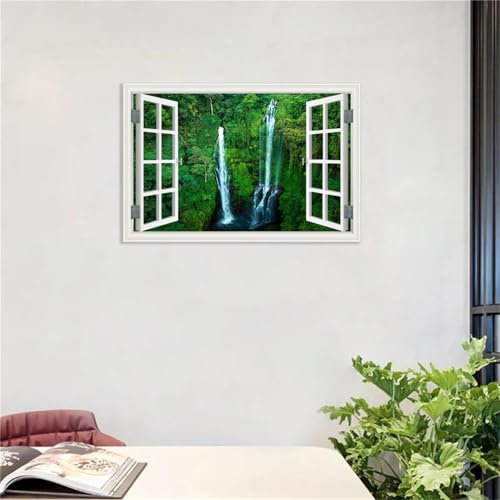 Image of MOBYAT Open Window Forest Canvas,Sekumpur Bali Waterfall,Waterfall Painting Wall Art Nature Landscape Print on Canvas Giclee Print for Living Room Wall Decor105x70cm(41x28in) poster