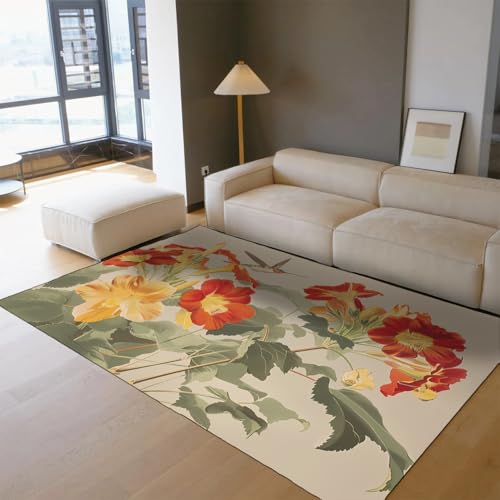 Alfombras 120x180 Alfombra Lavable Dormitorio colibrí Floral Vintage Antideslizante Alfombra botánica salón Dormitorio Comedor Alfombra Pelo bajo fácil Limpiar residencia Oficina
