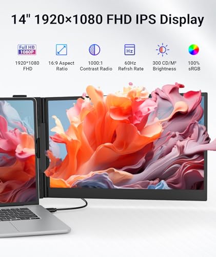 Image of Laptop Screen Extender, Ultra Thin 14 inch 1080P FHD Triple Portable Monitor for Laptops 13-17.3 inch, 2.2lbs Lightweight Travel Dual Monitor Extender, Plug-Play Aluminum Extended for Mac /Windows /PS5 /Chrome