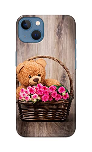 Image of PRINTFIDAA Roses and Teddy Bear in The Wicker Hard Back Cover for Apple iPhone 13, A2633, A2482, A2631, A2634, A2635 Back Cover -(P6) KAT1004