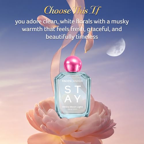 Image of FACES CANADA STAY White Moon Light Eau de Parfum for Women, 50ml | Long-Lasting Fresh Floral Perfume with Litchi, Peach & Jasmine | Elegant Daily Scent | Gifts for Women | Premium Fragrance