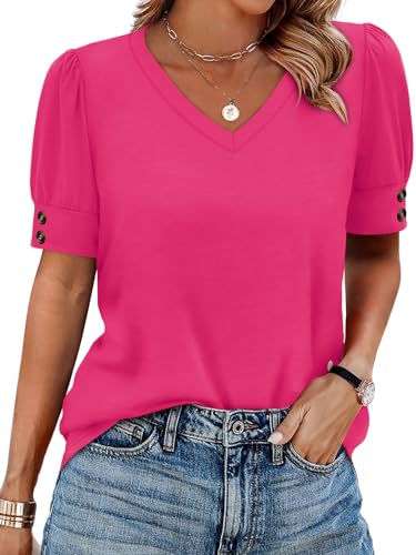 Image of OFEEFAN Womens Tops Short Sleeve Shirts Buttons V Neck Spring Fashion Summer Outfits Plus Size Blouses Dressy Casual