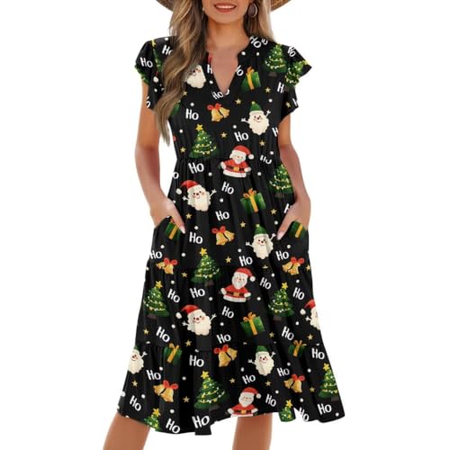 Image of Womens Summer Dress Ruffle Sleeve V Neck Dress Casual Fit Flowy Beach Vacation Sundress with Pocket S-2XL