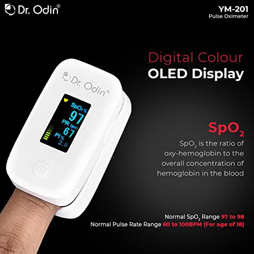 Image of Dr. Odin YM-201 Fingertip Pulse Oximeter with LED Display and Auto Power Off, Perfusion Index and SpO2 (White, 1 Year Warranty)
