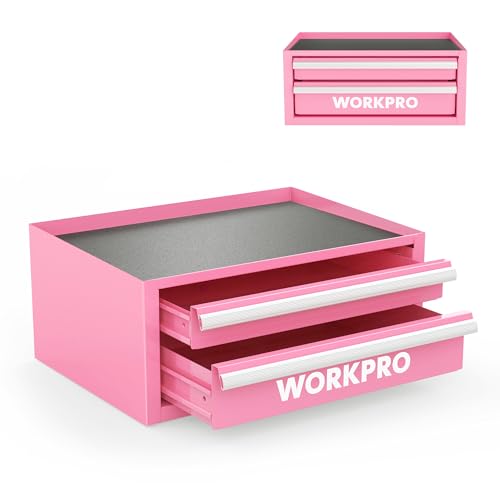 WORKPRO 12.5' Mini Tool Box with 2 Drawers & 1 Open Top Storage, Small Metal Tool Chest with PVC Liners & PP Feet Pads, Cold Rolled Steel Toolbox with Drawer Liners & Magnetic Tabs - Pink Ribbon