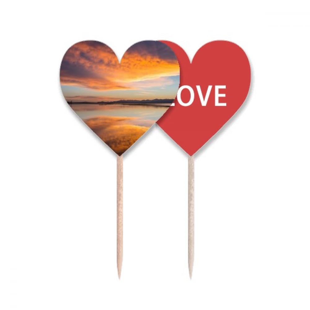 Cure-dents drapeau en bois et pics à cupcake Love Heart avec motif imprimé Sunrise Ocean