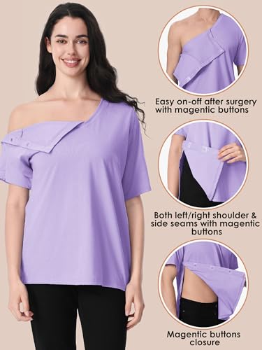 Image of Magnetic Buttons Post Shoulder Surgery Recovery Shirt for Men V-Neck Tear Away Adaptive Chemo Port Clothing for Women