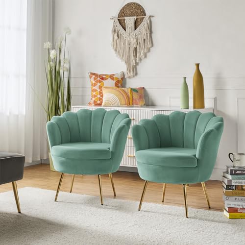 Image of HULALA HOME Modern Velvet Accent Chairs Set of 2 with Shell Shaped Back, Cute Living Room Bedroom Armchairs Sofa Chairs with Gold Legs, Comfy Upholstered Vanity Chairs for Makeup Room, Sage