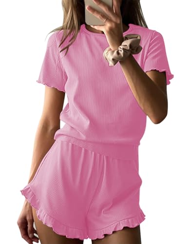 Ekouaer Womens Ribbed Knit Pajama Sets 2 Piece Short Sleeve Pjs Cute Pajamas Ruffle Lounge Sets Soft Sleepwear Set Pink Small