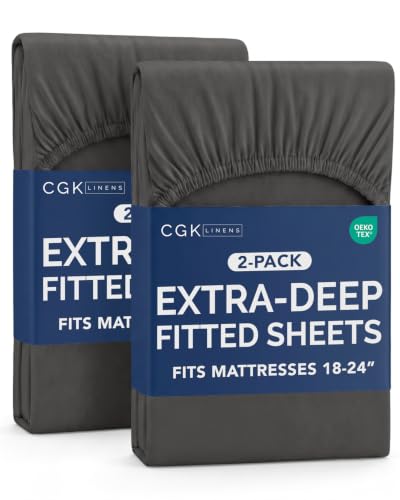 Image of 2 Pack Extra Deep Twin Fitted Sheets with Extra Deep Pockets - Charcoal | Hotel Luxury Bottom Fitted Sheets Only, Soft, Fade & Wrinkle Free, Breathable & Comfy, All Around Elastic Fitted Sheets