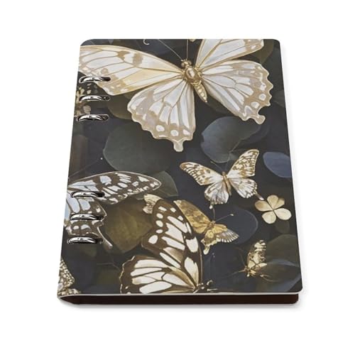 Dietario de piel sintética A5 con mariposas doradas y 6 anillas