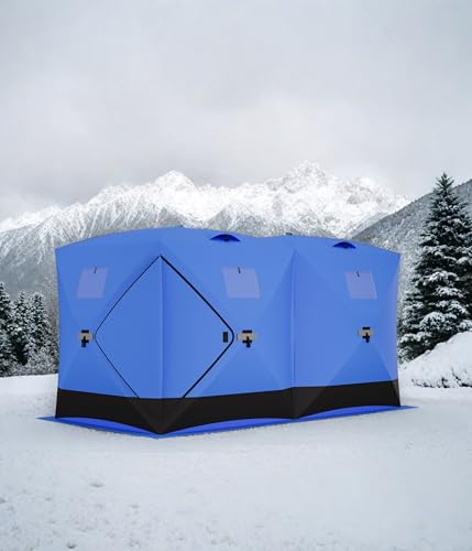 Pop Up Ice Fishing Tent Insulated Ice Fishing Shelter Portable Hub-Style Shelter Shanty Windproof and Warm, Multiple Sizes for 6-8 Person, Blue, 6x11.7x6.6 Ft